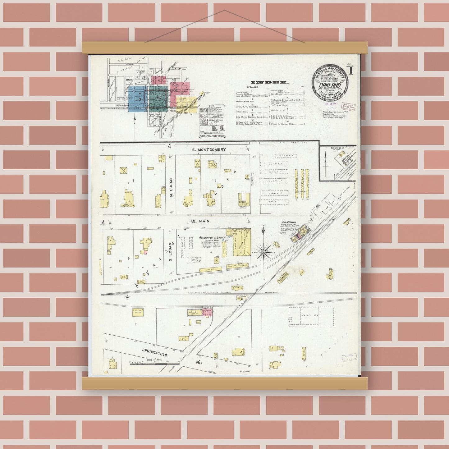 Old map wall art mockup — magnetic wood frame on brick wall — Sanborn Fire Insurance Map from Oakland, Coles County, Illinois (1909), Sheet #0001