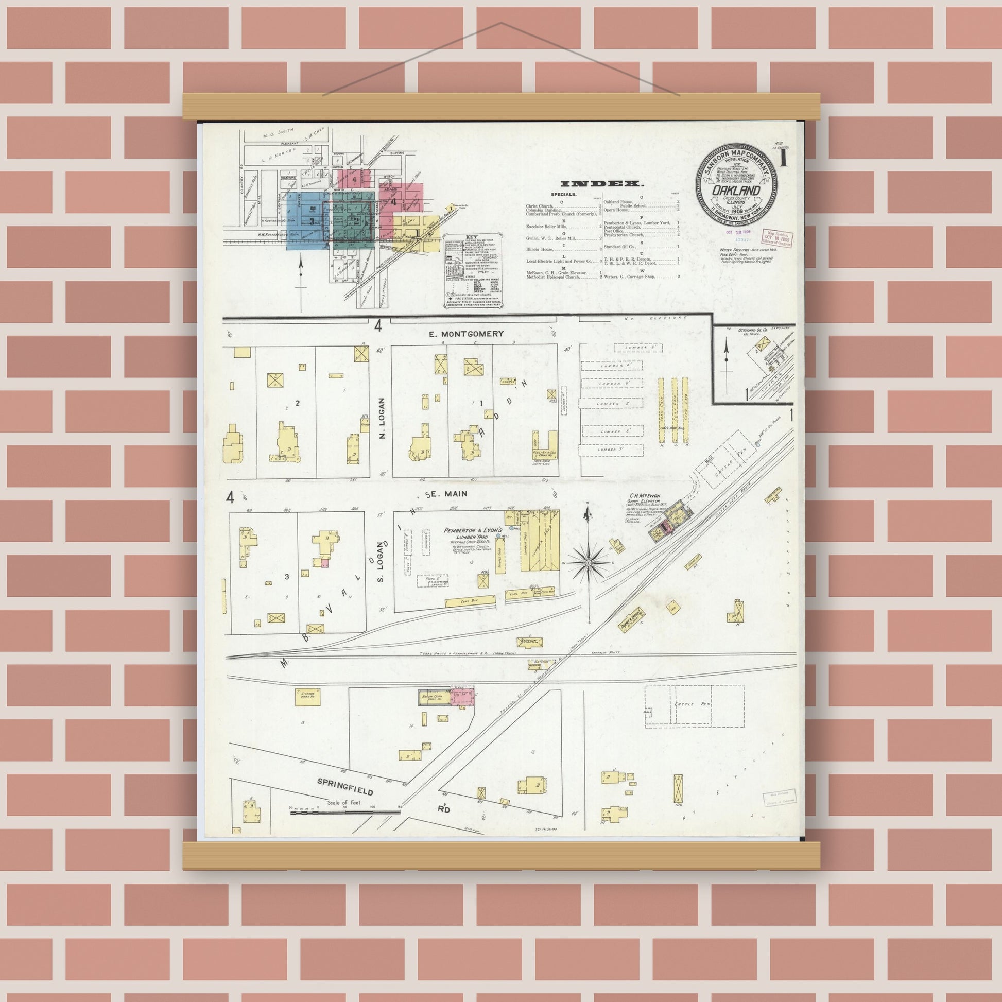 Old map wall art mockup — magnetic wood frame on brick wall — Sanborn Fire Insurance Map from Oakland, Coles County, Illinois (1909), Sheet #0001
