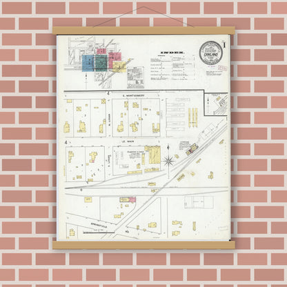 Old map wall art mockup — magnetic wood frame on brick wall — Sanborn Fire Insurance Map from Oakland, Coles County, Illinois (1909), Sheet #0001
