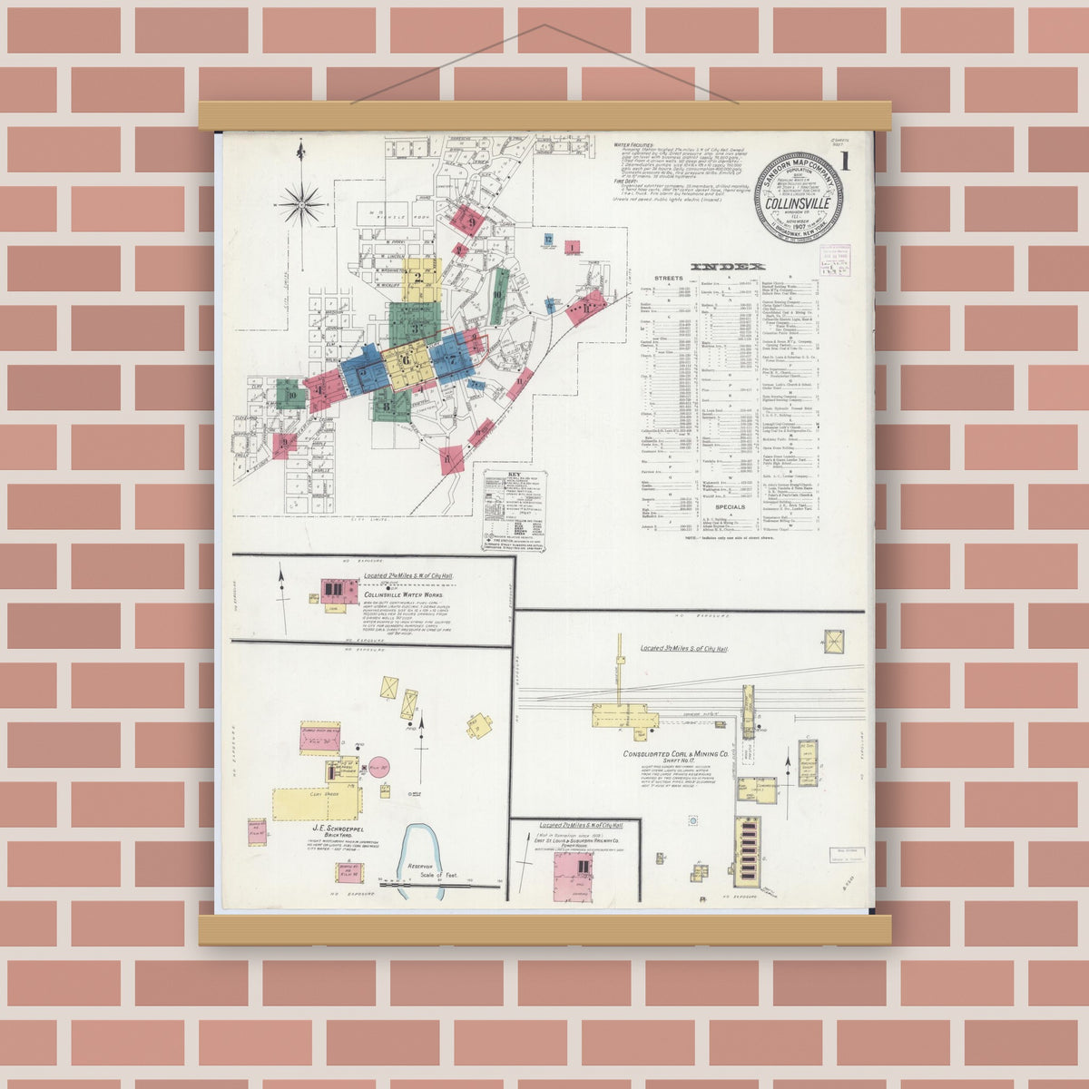 Old map wall art mockup — magnetic wood frame on brick wall — Sanborn Fire Insurance Map from Collinsville, Madison County, Illinois (1907) - Complete Map Set