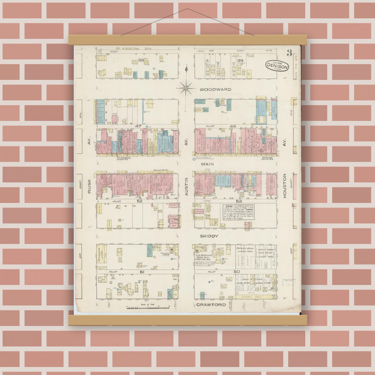 Old map wall art mockup — magnetic wood frame on brick wall — Sanborn Fire Insurance Map from Denison, Grayson County, Texas (1885), Sheet #0003