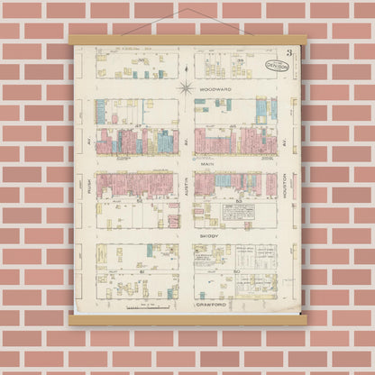 Old map wall art mockup — magnetic wood frame on brick wall — Sanborn Fire Insurance Map from Denison, Grayson County, Texas (1885), Sheet #0003