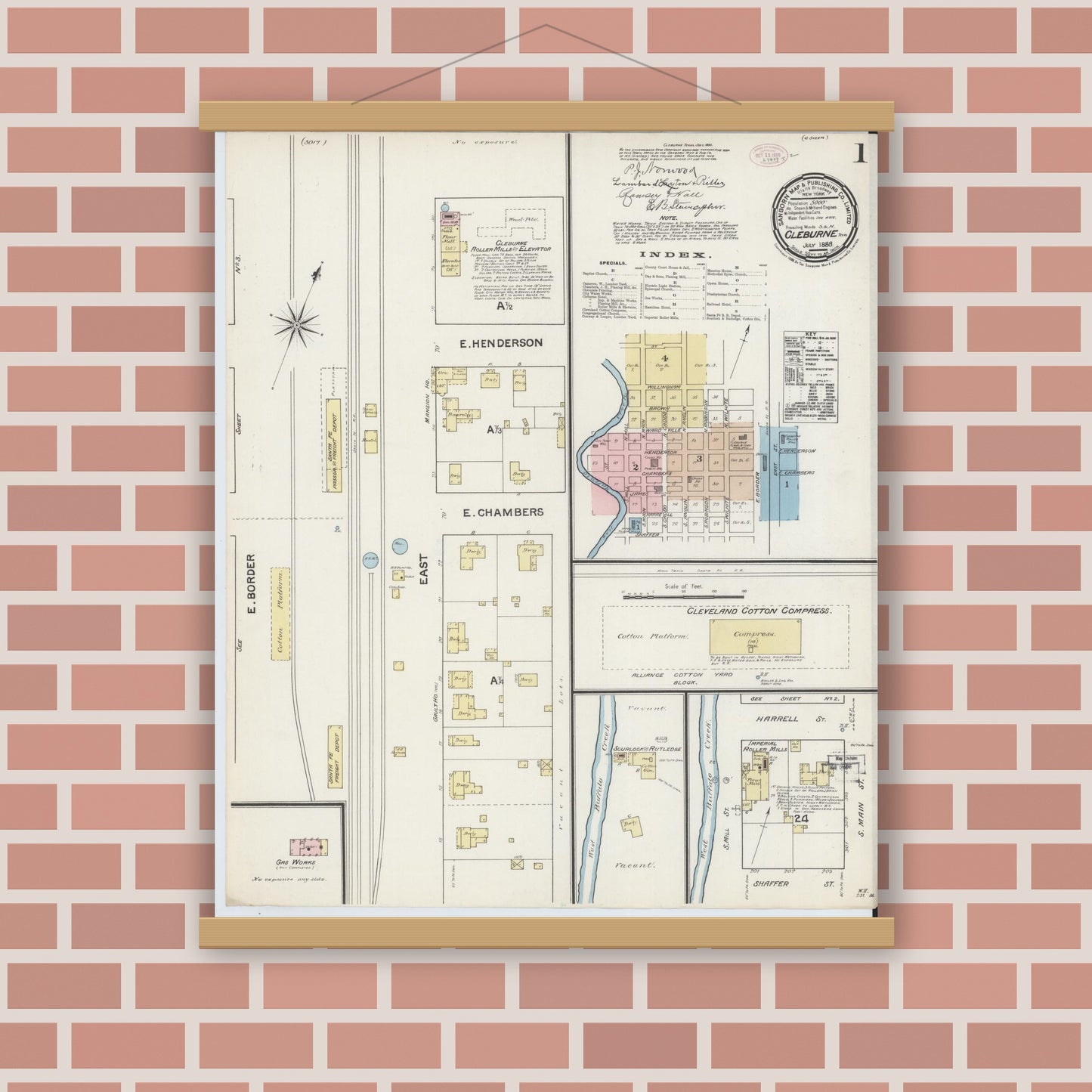 Old map wall art mockup — magnetic wood frame on brick wall — Sanborn Fire Insurance Map from Cleburne, Johnson County, Texas (1888), Sheet #0001