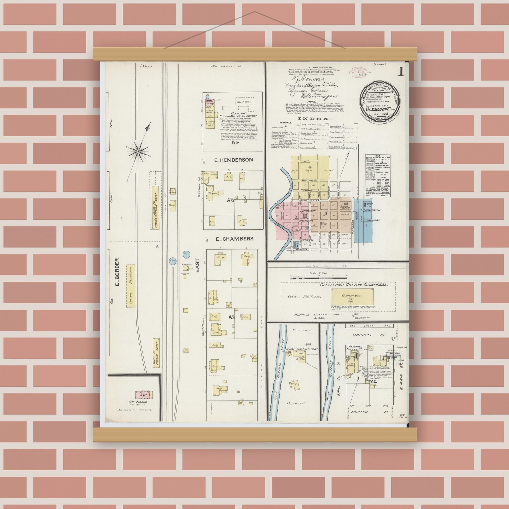 Old map wall art mockup — magnetic wood frame on brick wall — Sanborn Fire Insurance Map from Cleburne, Johnson County, Texas (1888), Sheet #0001