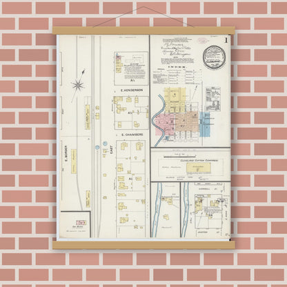 Old map wall art mockup — magnetic wood frame on brick wall — Sanborn Fire Insurance Map from Cleburne, Johnson County, Texas (1888), Sheet #0001