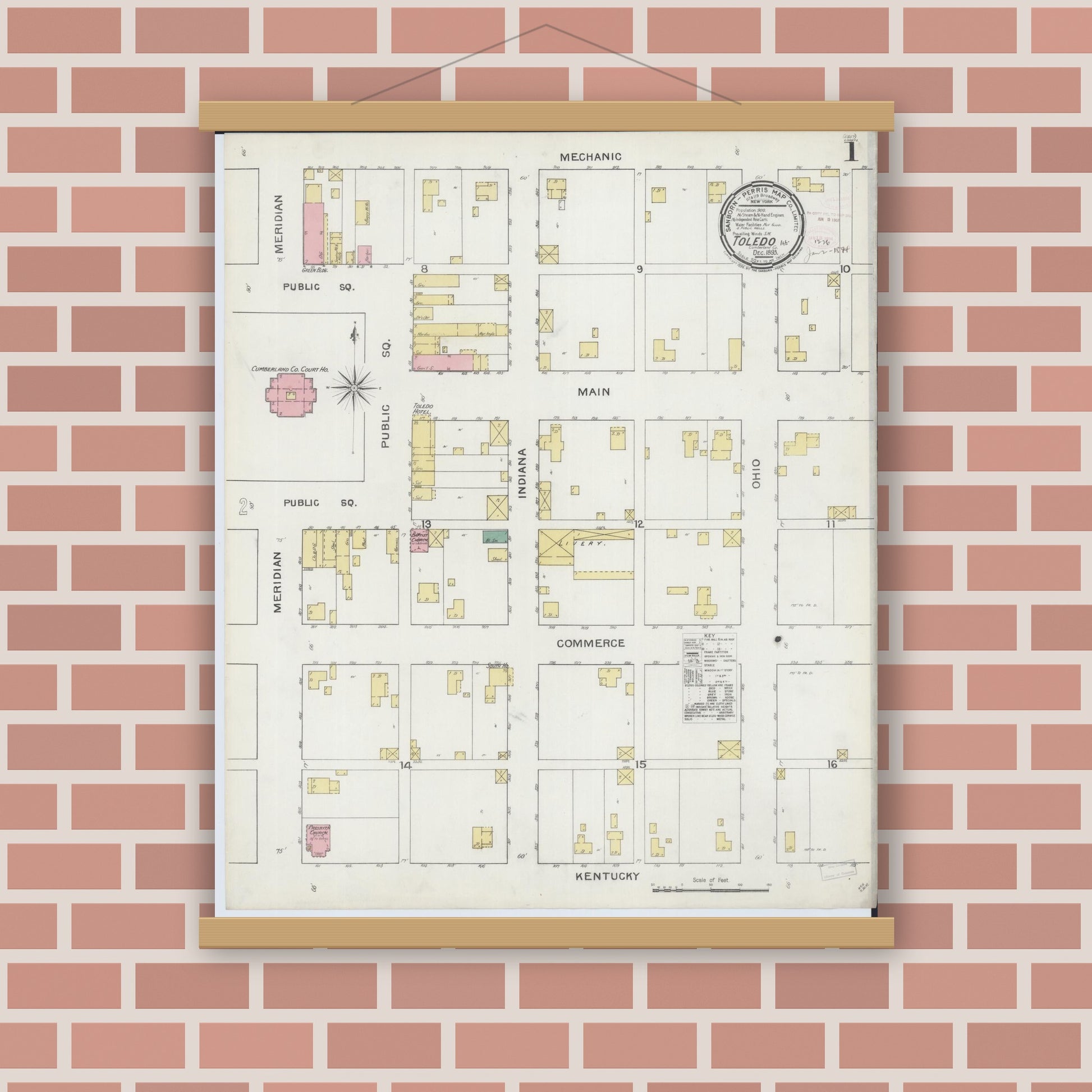 Old map wall art mockup — magnetic wood frame on brick wall — Sanborn Fire Insurance Map from Toledo, Cumberland County, Illinois (1893) - Complete Map Set