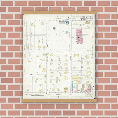 Old map wall art mockup — magnetic wood frame on brick wall — Sanborn Fire Insurance Map from Madelia, Watonwan County, Minnesota (1914), Sheet #0002