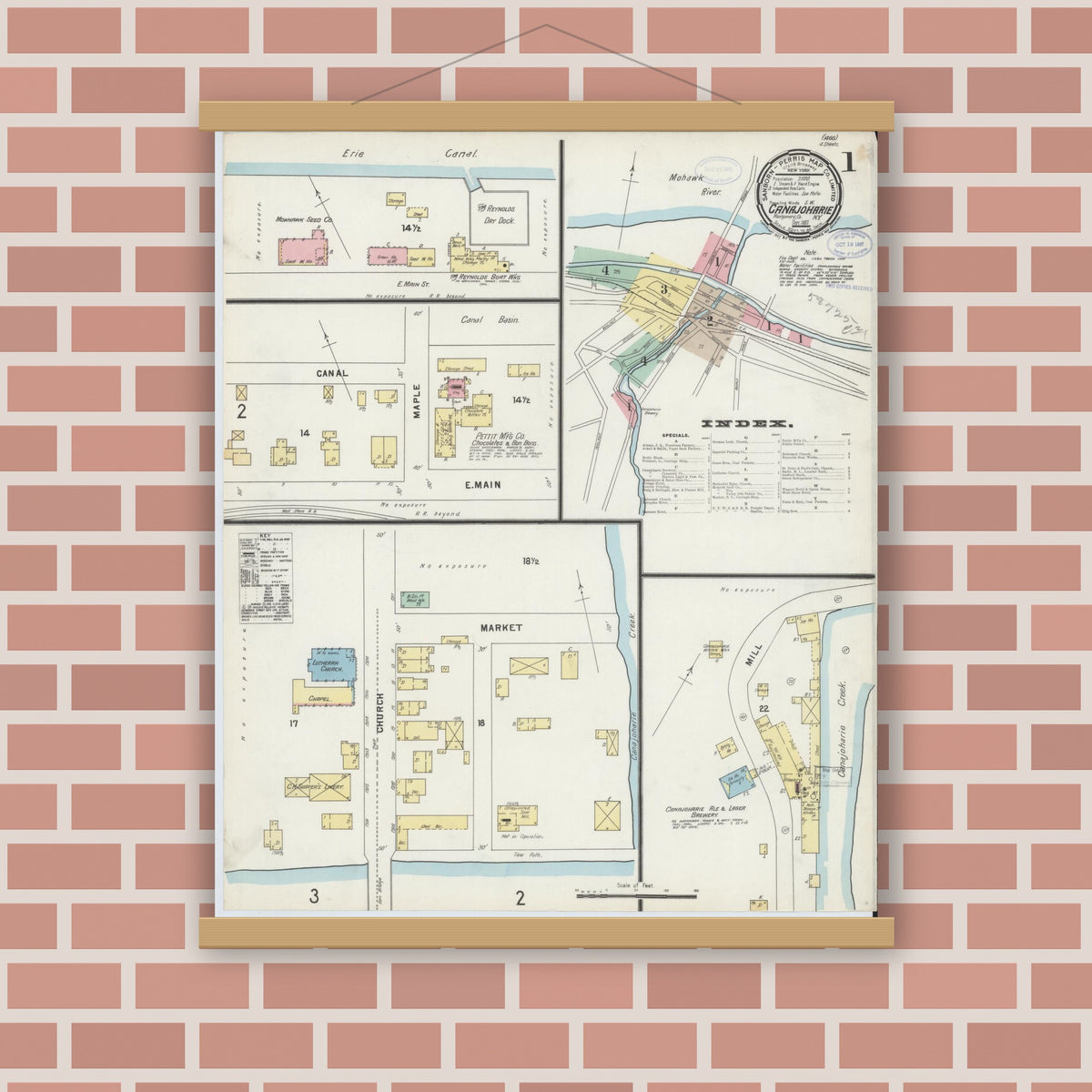 Old map wall art mockup — magnetic wood frame on brick wall — Sanborn Fire Insurance Map from Canajoharie, Montgomery County, New York (1897) - Complete Map Set