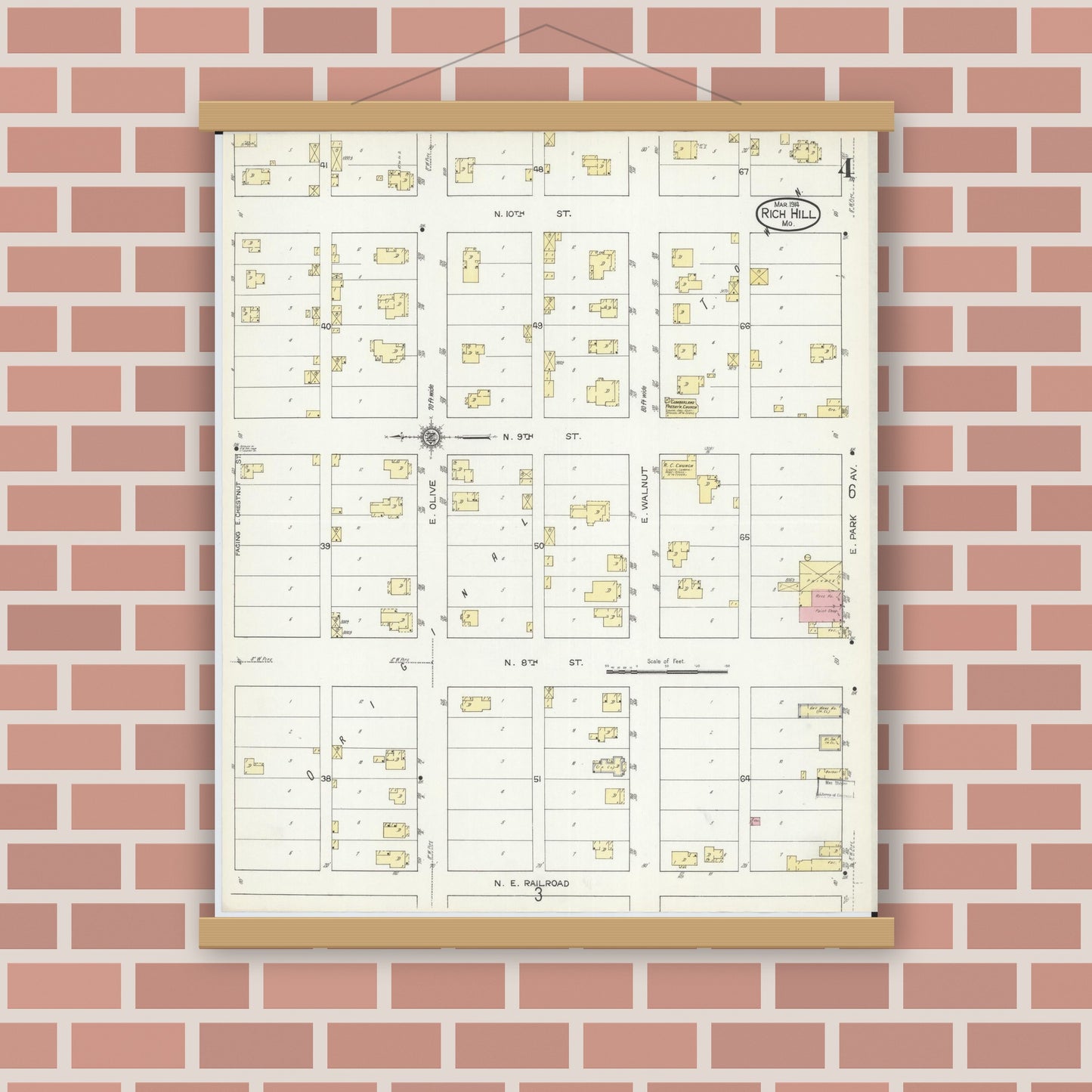 Old map wall art mockup — magnetic wood frame on brick wall — Sanborn Fire Insurance Map from Rich Hill, Bates County, Missouri (1914), Sheet #0004