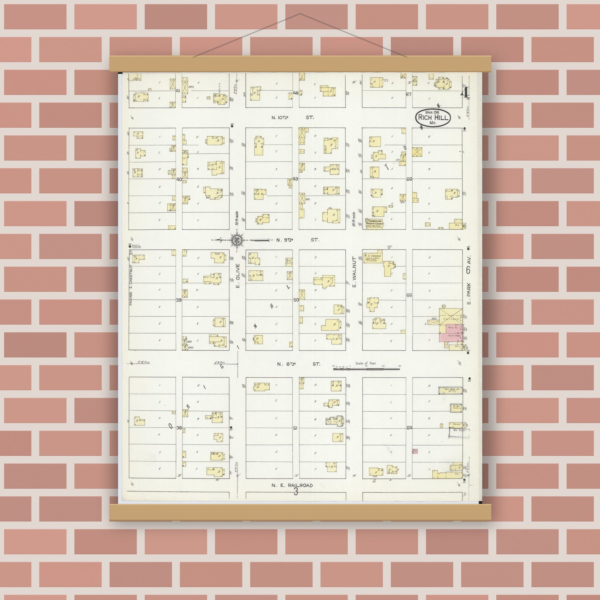 Old map wall art mockup — magnetic wood frame on brick wall — Sanborn Fire Insurance Map from Rich Hill, Bates County, Missouri (1914), Sheet #0004