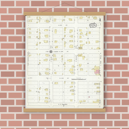 Old map wall art mockup — magnetic wood frame on brick wall — Sanborn Fire Insurance Map from Rich Hill, Bates County, Missouri (1914), Sheet #0004