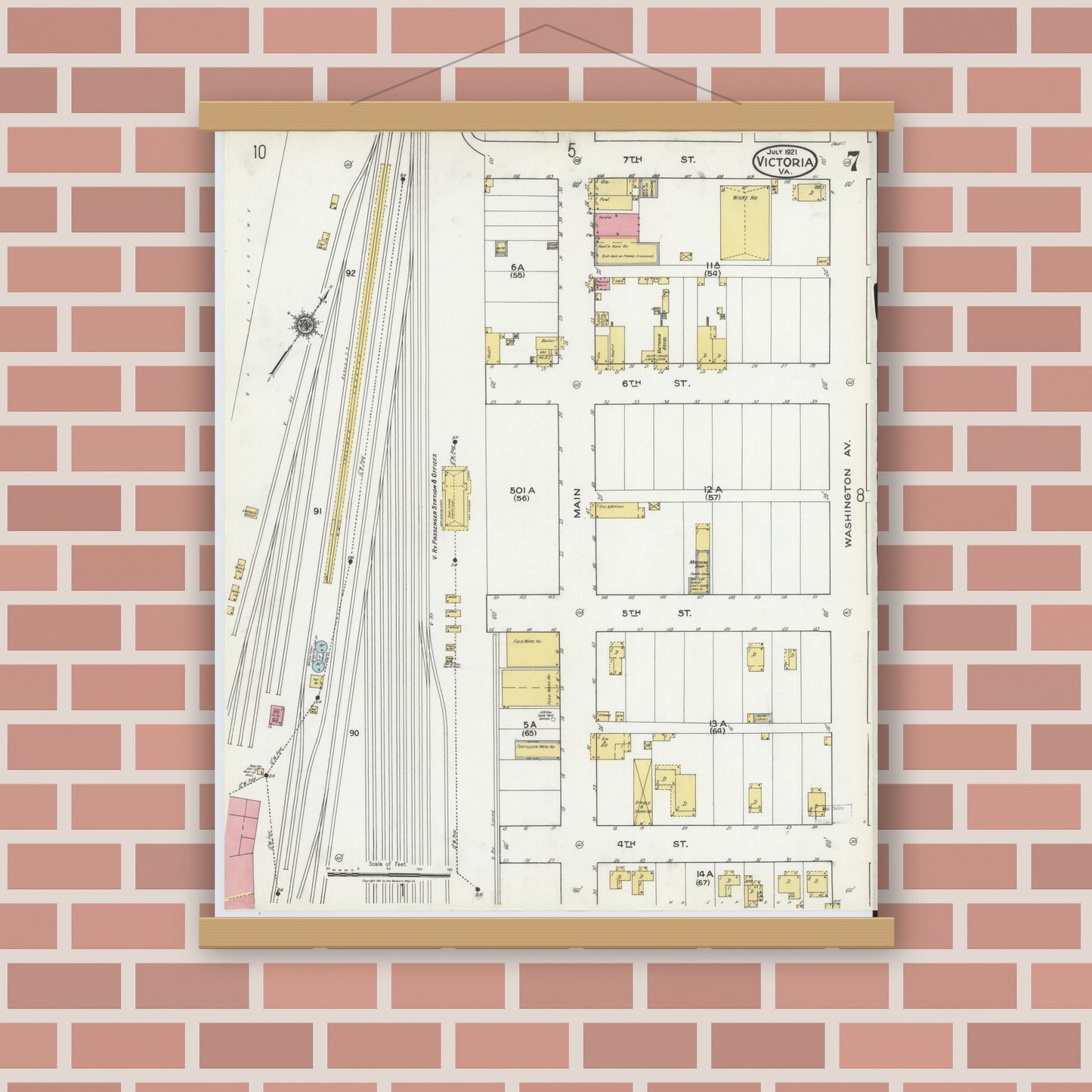 Old map wall art mockup — magnetic wood frame on brick wall — Sanborn Fire Insurance Map from Victoria, Lunenburg County, Virginia (1921), Sheet #0007