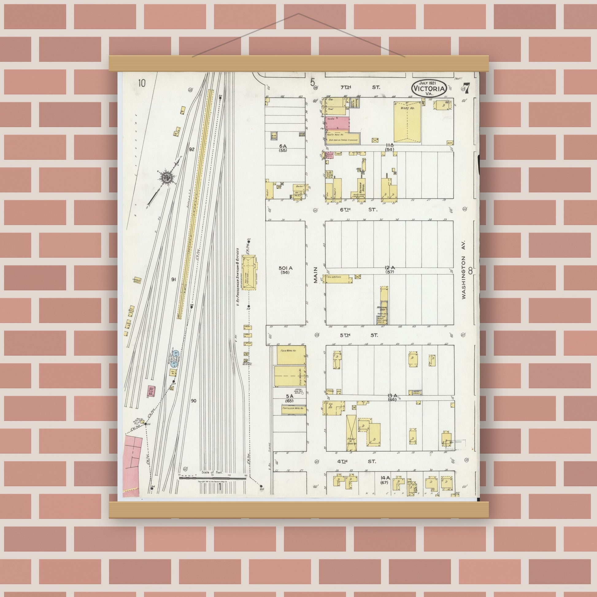 Old map wall art mockup — magnetic wood frame on brick wall — Sanborn Fire Insurance Map from Victoria, Lunenburg County, Virginia (1921), Sheet #0007