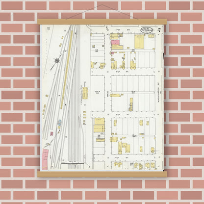 Old map wall art mockup — magnetic wood frame on brick wall — Sanborn Fire Insurance Map from Victoria, Lunenburg County, Virginia (1921), Sheet #0007