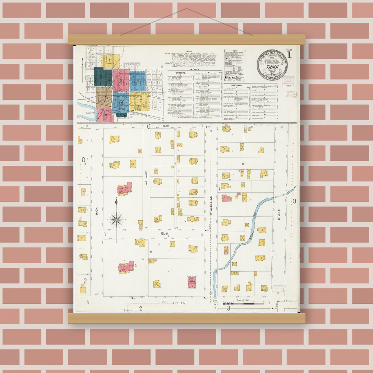 Old map wall art mockup — magnetic wood frame on brick wall — Sanborn Fire Insurance Map from Tama, Tama County, Iowa (1906), Sheet #0001