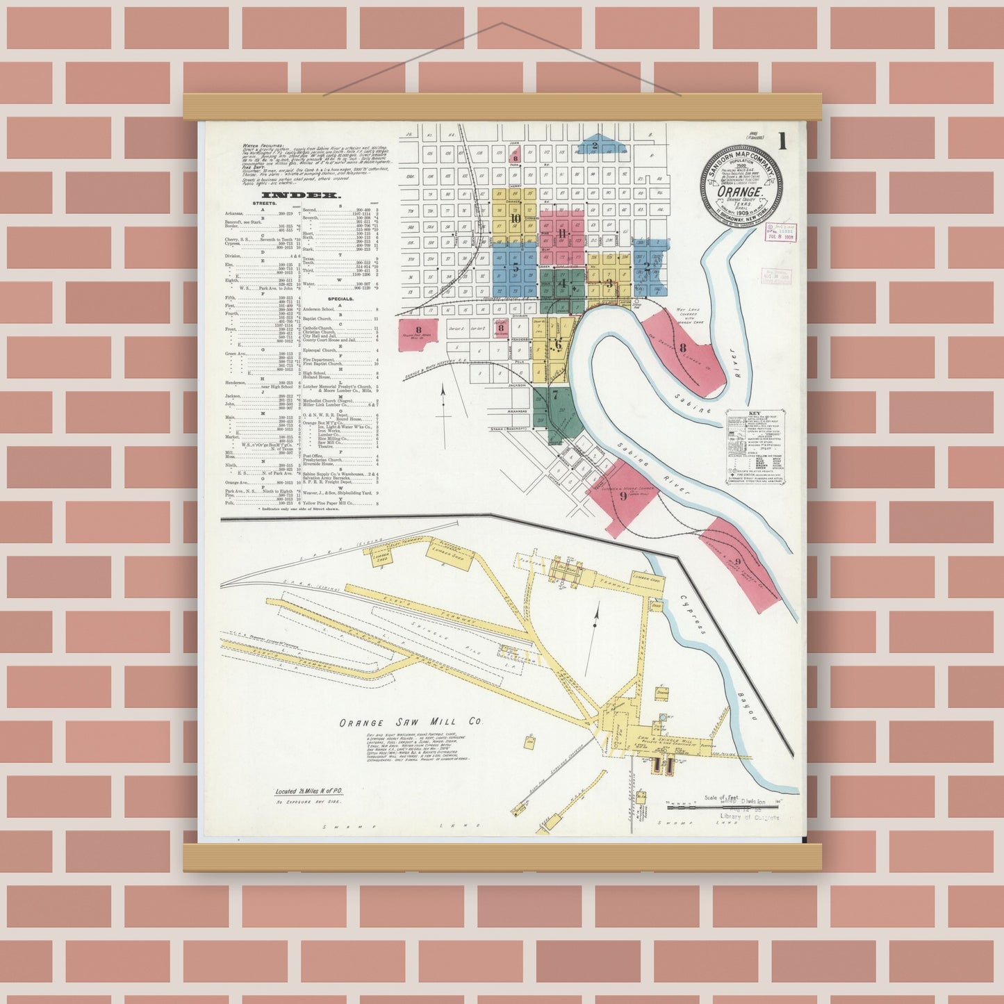 Old map wall art mockup — magnetic wood frame on brick wall — Sanborn Fire Insurance Map from Orange, Orange County, Texas (1909), Sheet #0001