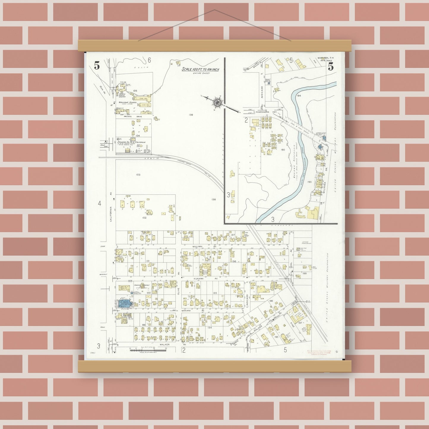 Old map wall art mockup — magnetic wood frame on brick wall — Sanborn Fire Insurance Map from Wahiawa, Honolulu County, Hawaii (1942), Sheet #0005