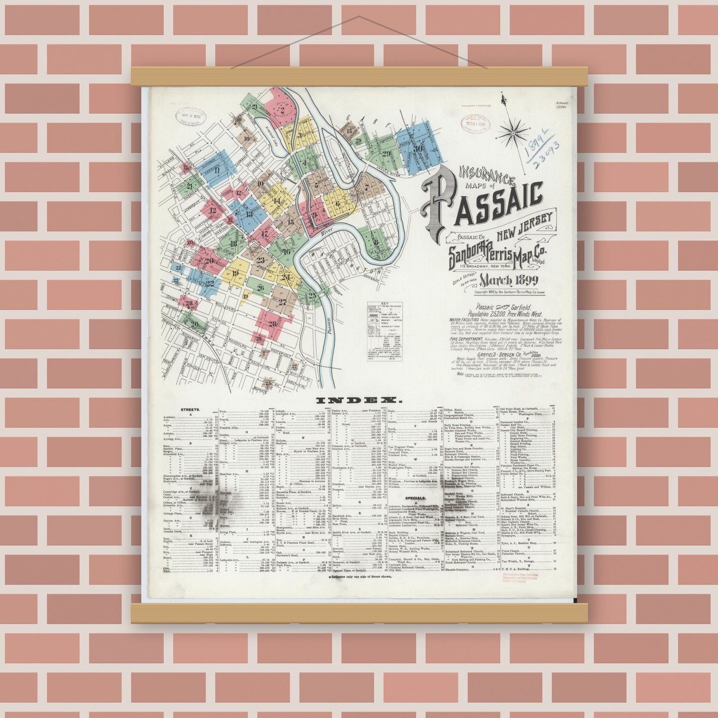 Old map wall art mockup — magnetic wood frame on brick wall — Sanborn Fire Insurance Map from Passaic, Passaic County, New Jersey (1899) - Complete Map Set