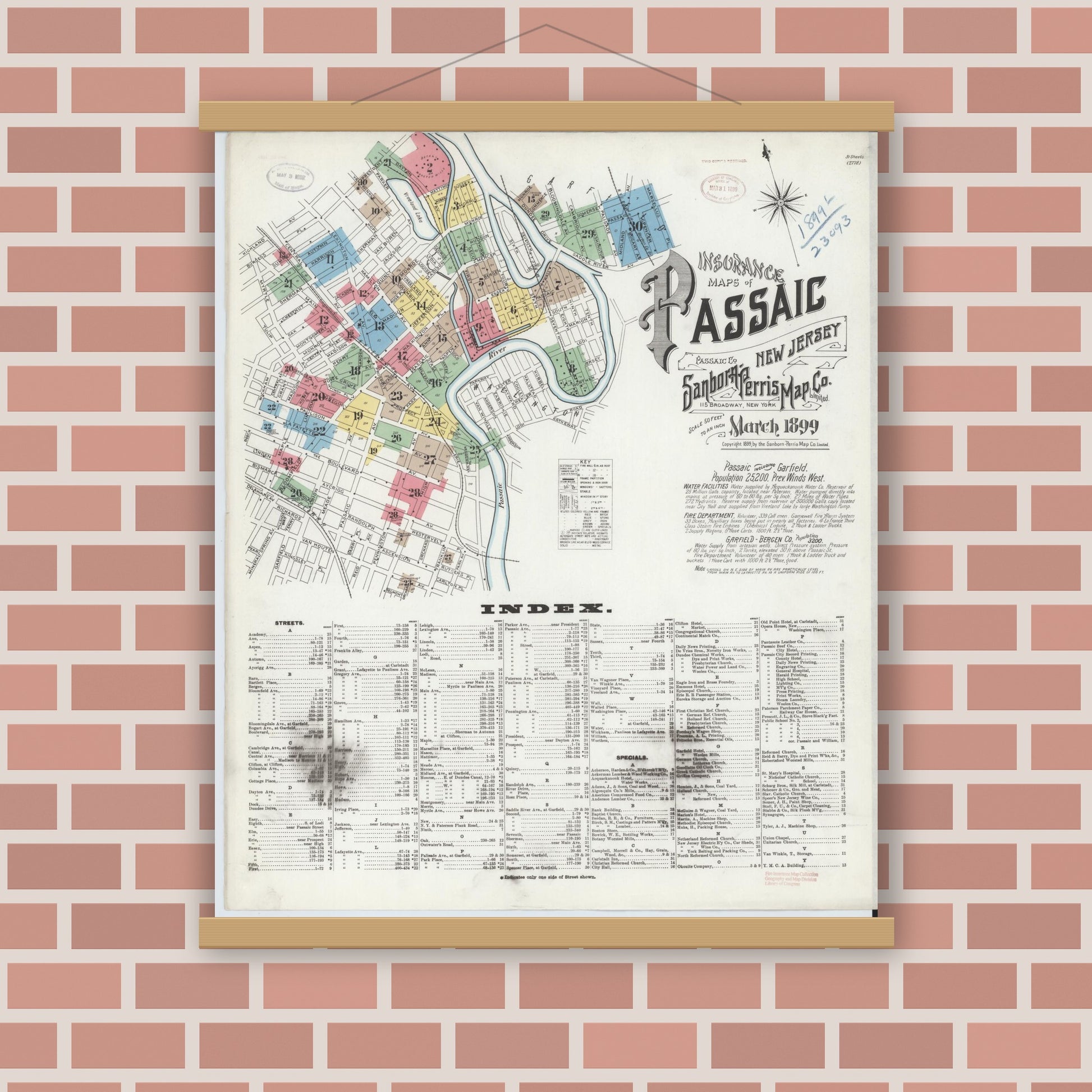 Old map wall art mockup — magnetic wood frame on brick wall — Sanborn Fire Insurance Map from Passaic, Passaic County, New Jersey (1899) - Complete Map Set
