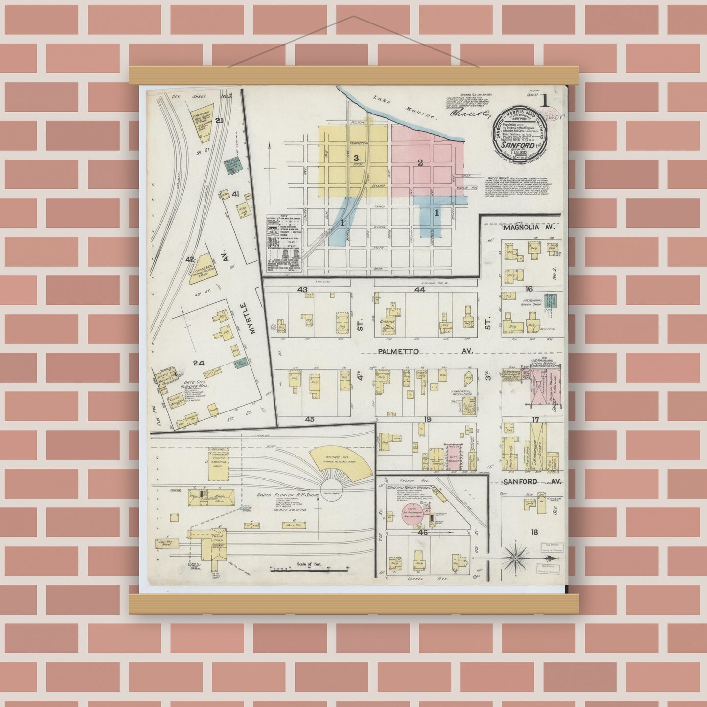 Old map wall art mockup — magnetic wood frame on brick wall — Sanborn Fire Insurance Map from Sanford, Seminole County, Florida (1890), Sheet #0001