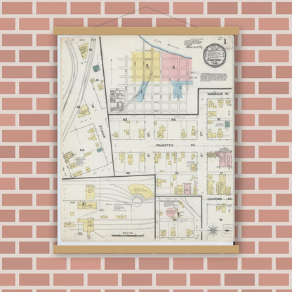 Old map wall art mockup — magnetic wood frame on brick wall — Sanborn Fire Insurance Map from Sanford, Seminole County, Florida (1890), Sheet #0001