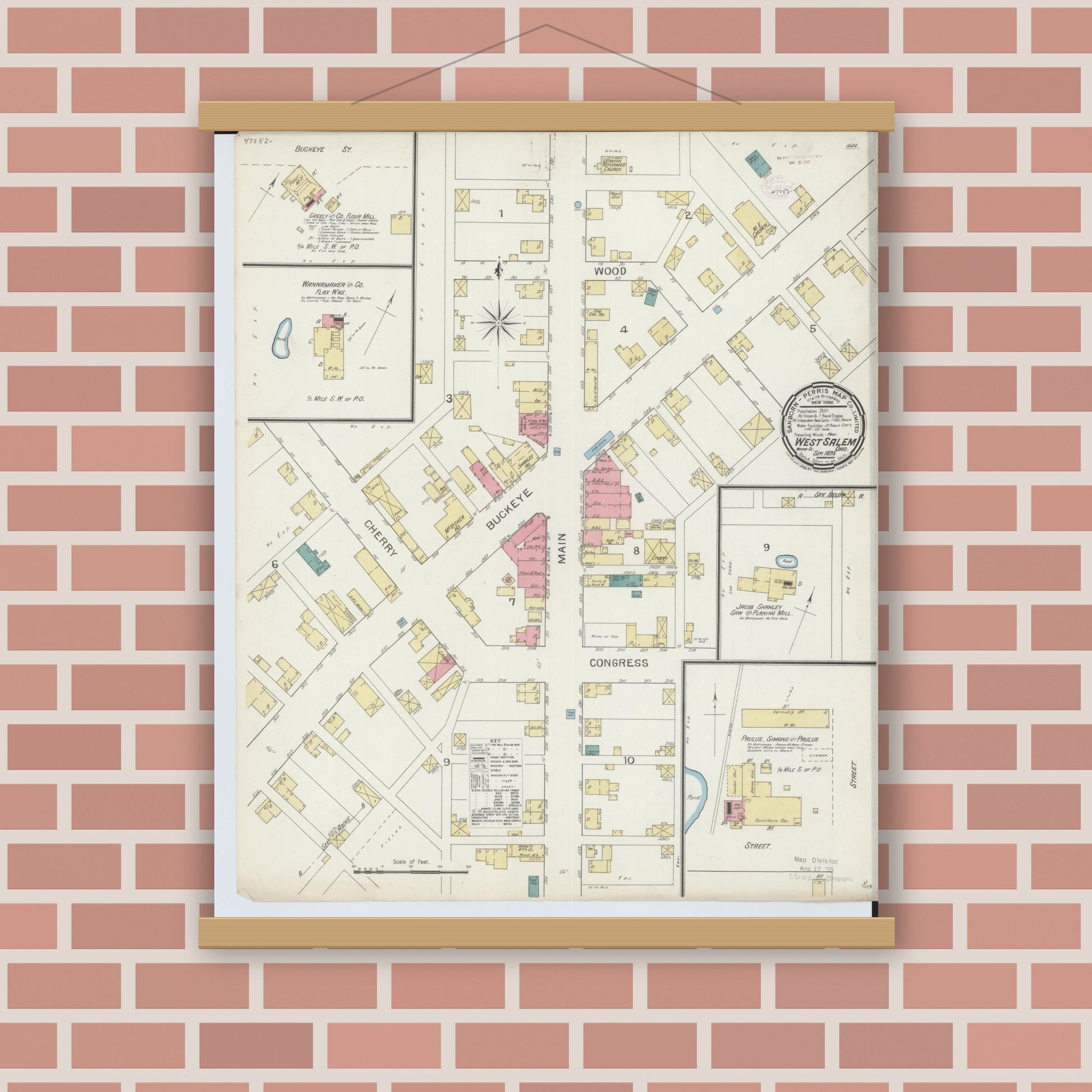 Old map wall art mockup — magnetic wood frame on brick wall — Sanborn Fire Insurance Map from West Salem, Wayne County, Ohio (1893), Sheet #0001