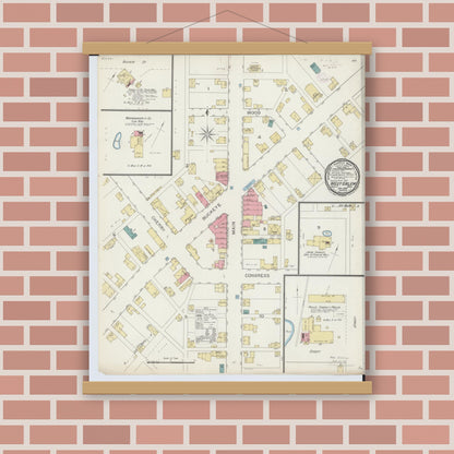 Old map wall art mockup — magnetic wood frame on brick wall — Sanborn Fire Insurance Map from West Salem, Wayne County, Ohio (1893), Sheet #0001