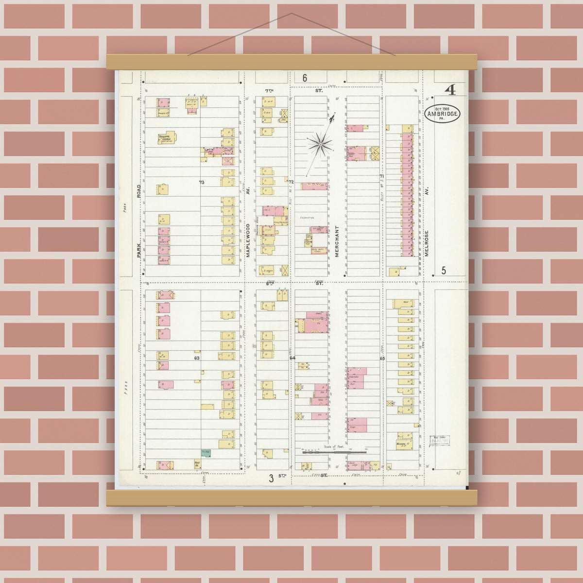 Old map wall art mockup — magnetic wood frame on brick wall — Sanborn Fire Insurance Map from Ambridge, Beaver County, Pennsylvania (1905), Sheet #0004