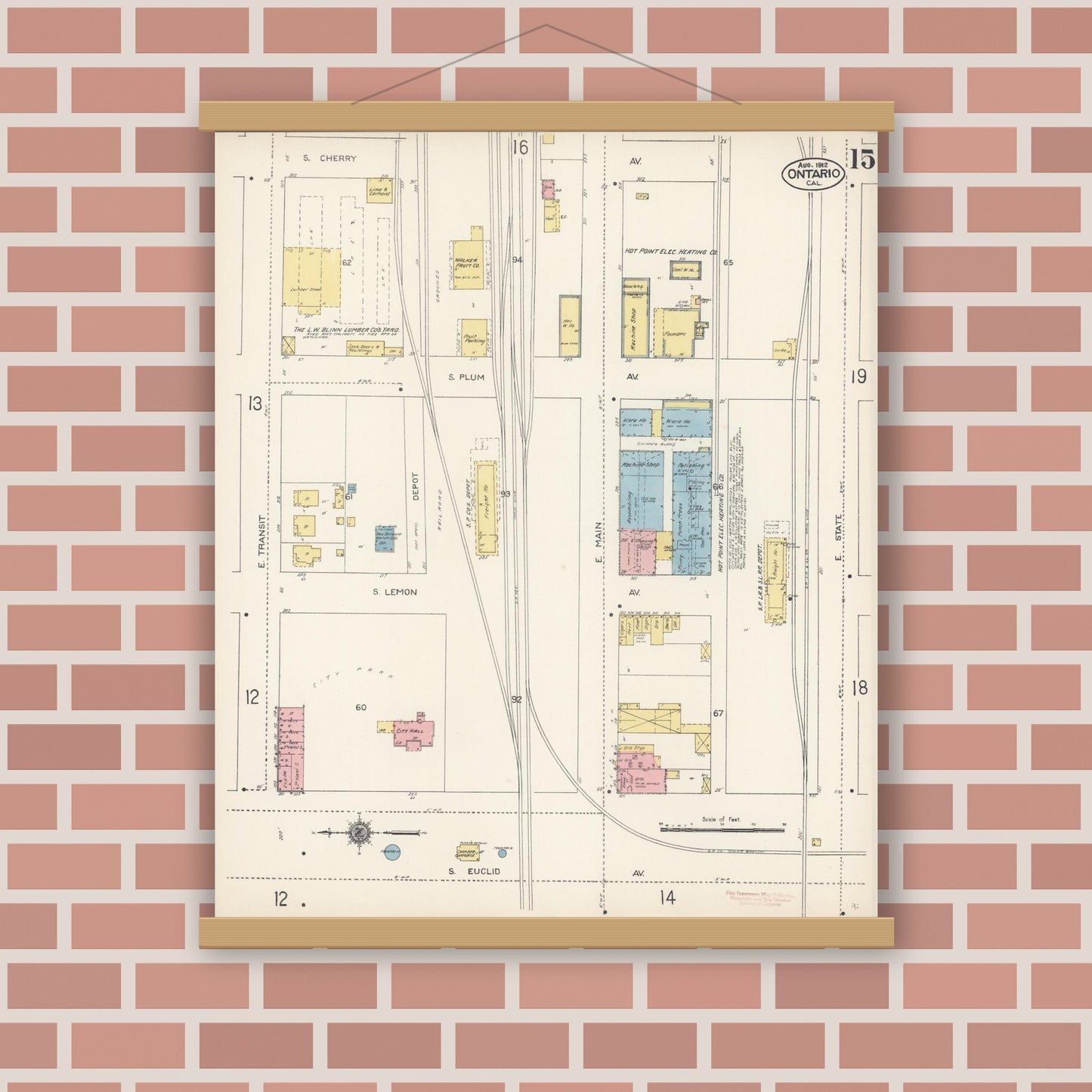 Old map wall art mockup — magnetic wood frame on brick wall — Sanborn Fire Insurance Map from Ontario, San Bernardino County, California (1912), Sheet #0015