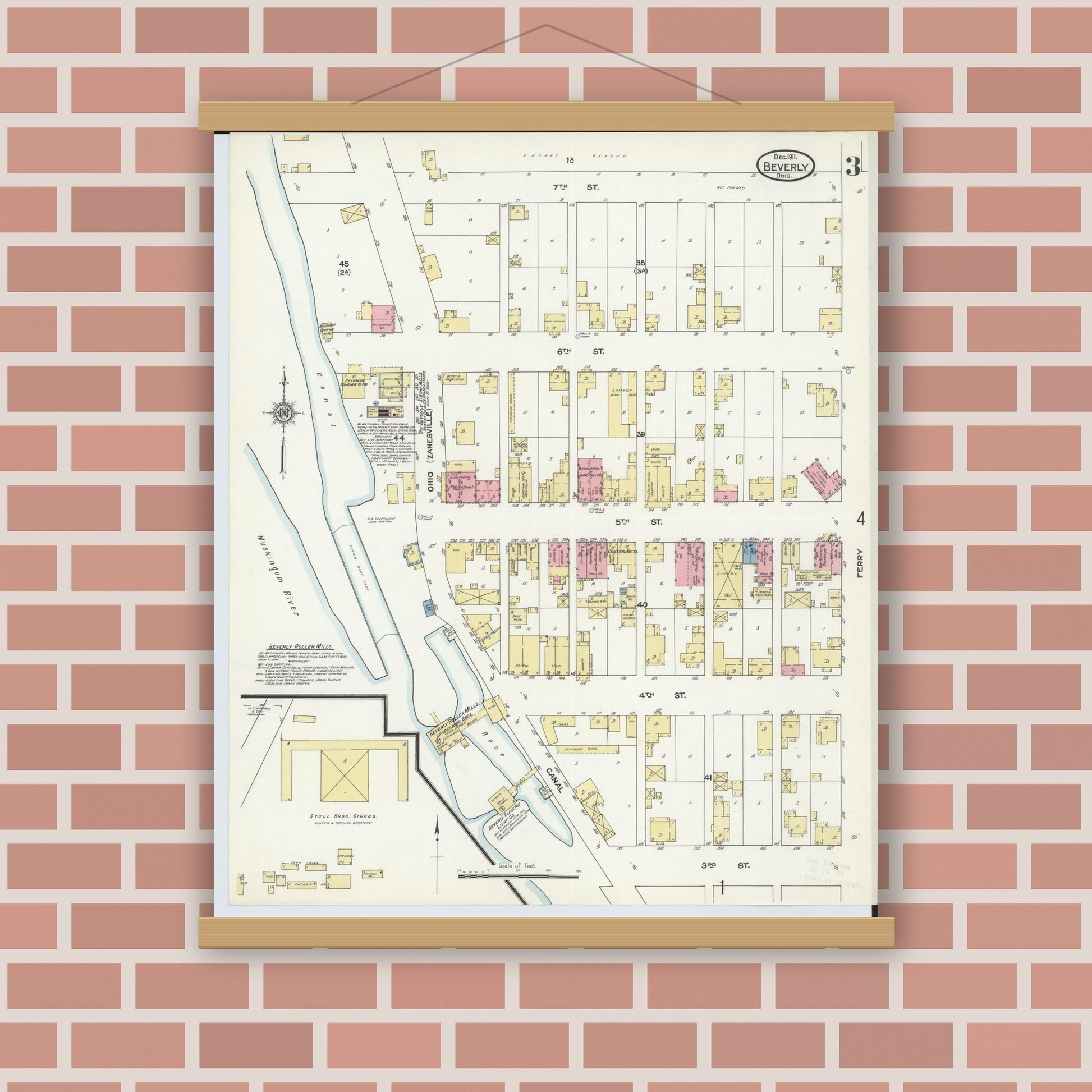 Old map wall art mockup — magnetic wood frame on brick wall — Sanborn Fire Insurance Map from Beverly, Washington County, Ohio (1911), Sheet #0003