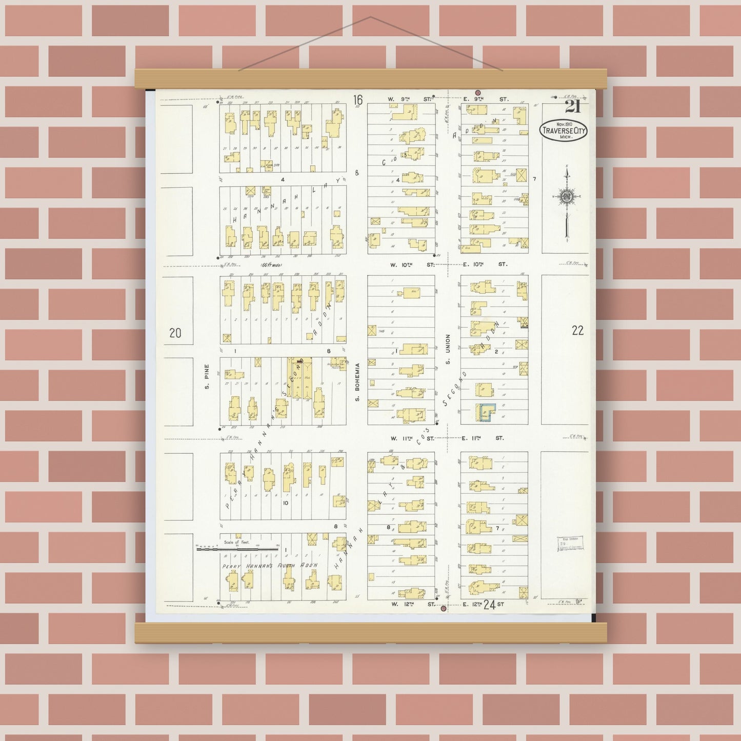 Old map wall art mockup — magnetic wood frame on brick wall — Sanborn Fire Insurance Map from Traverse City, Grand Traverse County, Michigan (1910), Sheet #0021