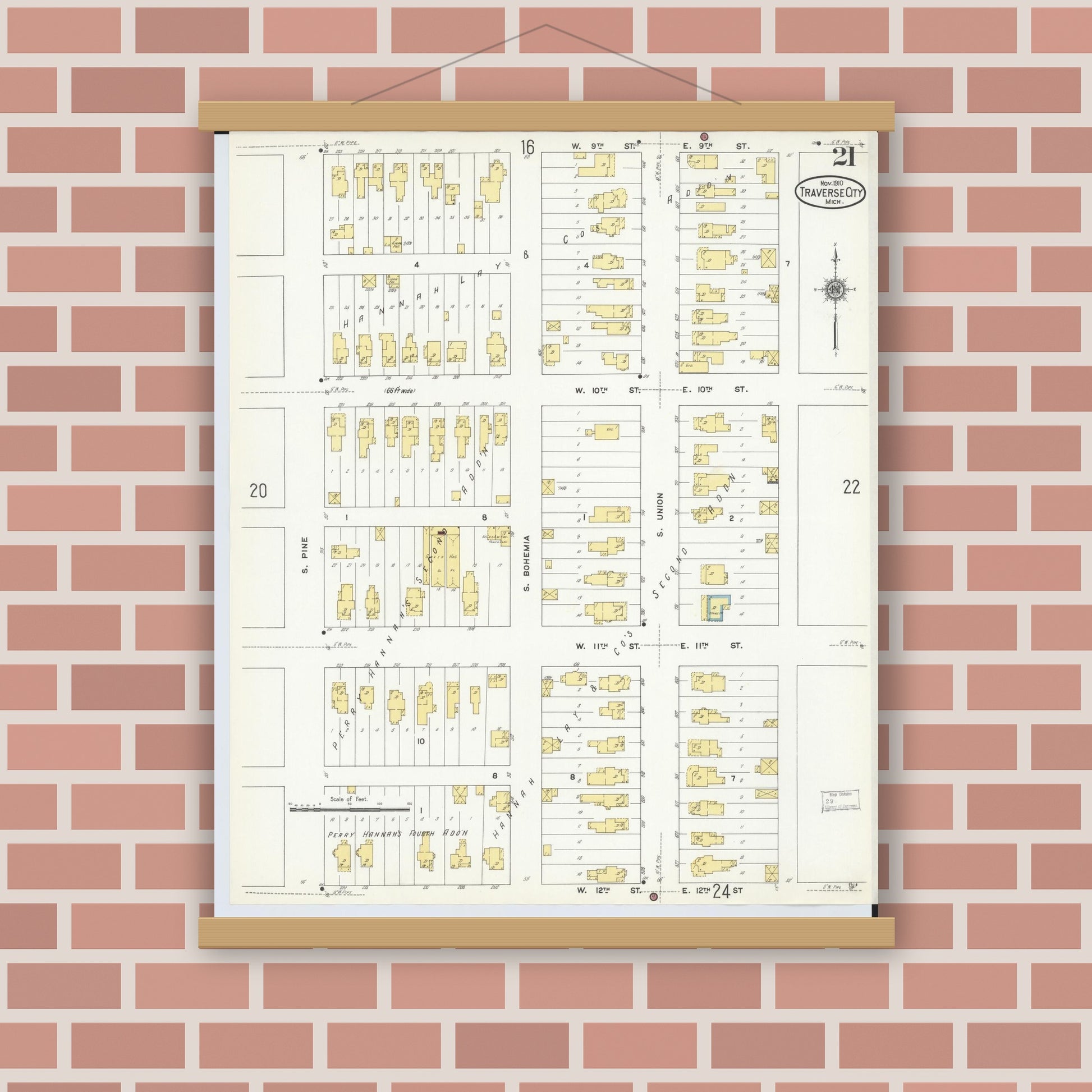 Old map wall art mockup — magnetic wood frame on brick wall — Sanborn Fire Insurance Map from Traverse City, Grand Traverse County, Michigan (1910), Sheet #0021
