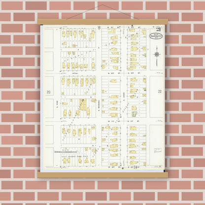 Old map wall art mockup — magnetic wood frame on brick wall — Sanborn Fire Insurance Map from Traverse City, Grand Traverse County, Michigan (1910), Sheet #0021