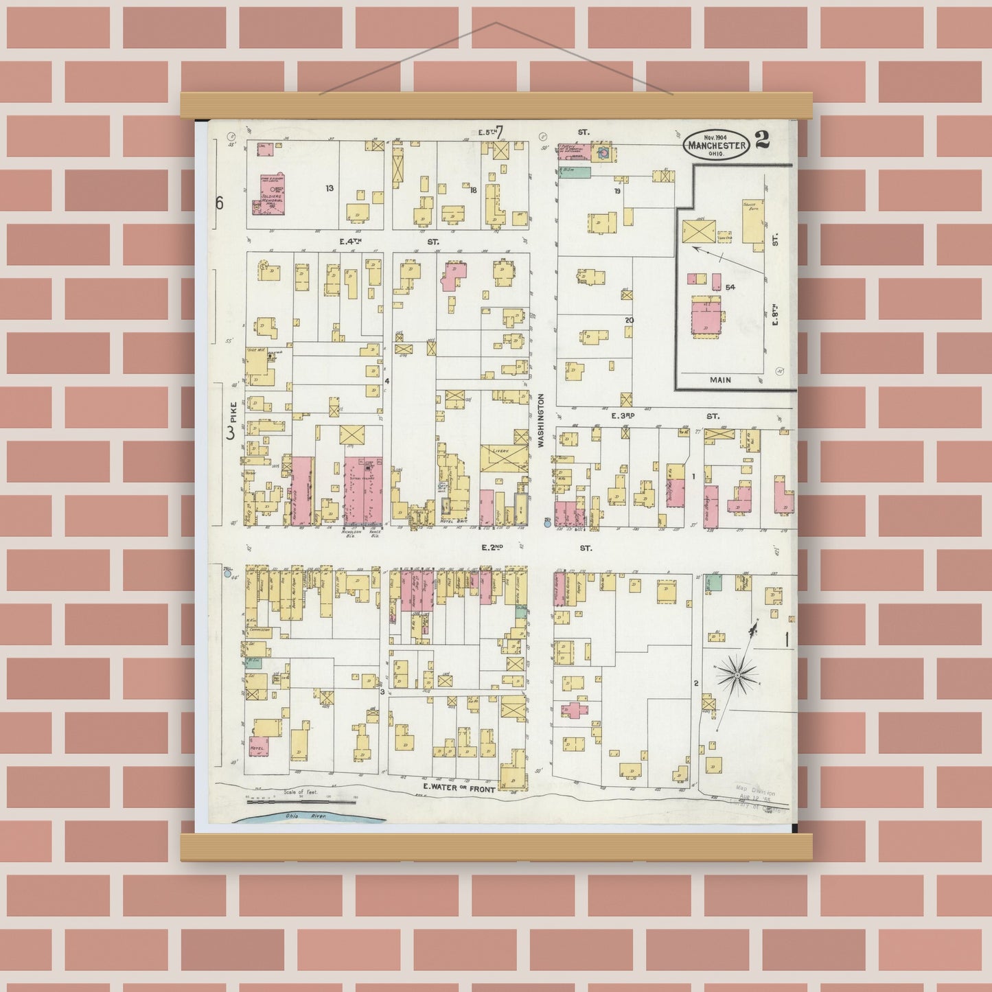Old map wall art mockup — magnetic wood frame on brick wall — Sanborn Fire Insurance Map from Manchester, Adams County, Ohio (1904), Sheet #0002