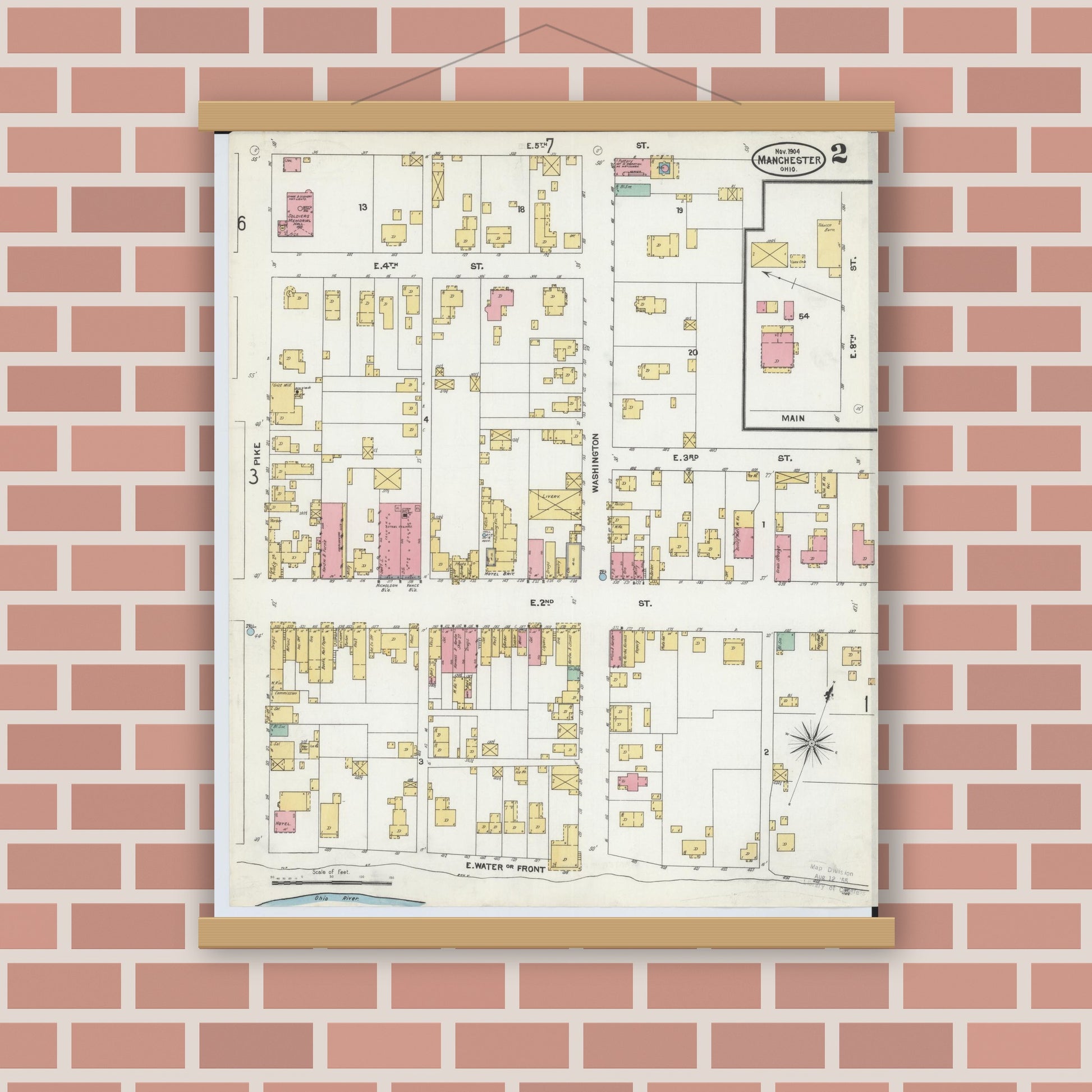 Old map wall art mockup — magnetic wood frame on brick wall — Sanborn Fire Insurance Map from Manchester, Adams County, Ohio (1904), Sheet #0002