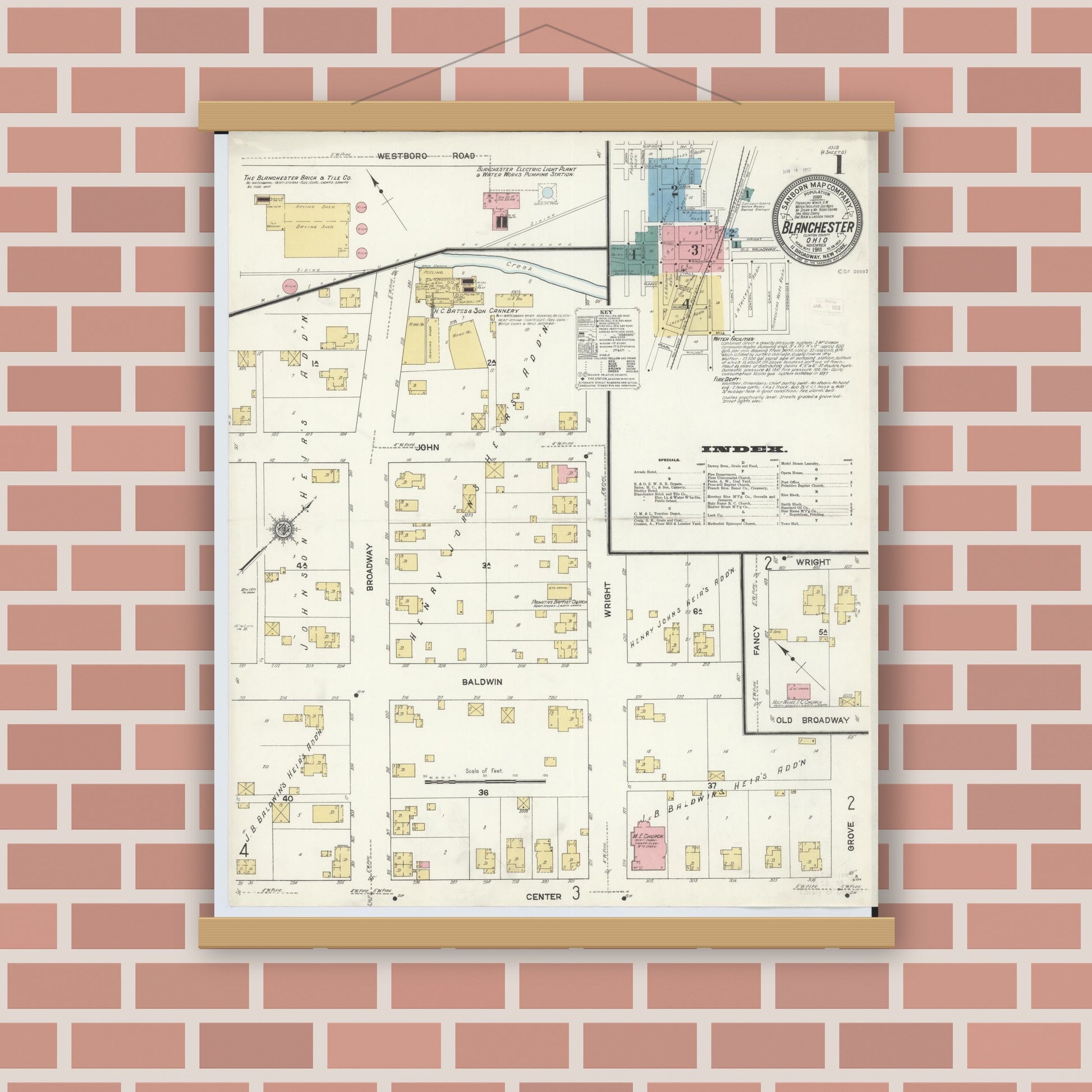 Old map wall art mockup — magnetic wood frame on brick wall — Sanborn Fire Insurance Map from Blanchester, Clinton County, Ohio (1911), Sheet #0001
