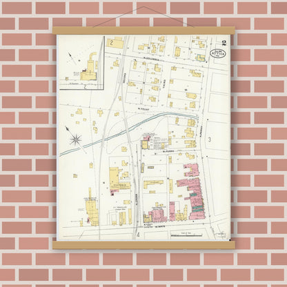 Old map wall art mockup — magnetic wood frame on brick wall — Sanborn Fire Insurance Map from Attica, Fountain County, Indiana (1905), Sheet #0002
