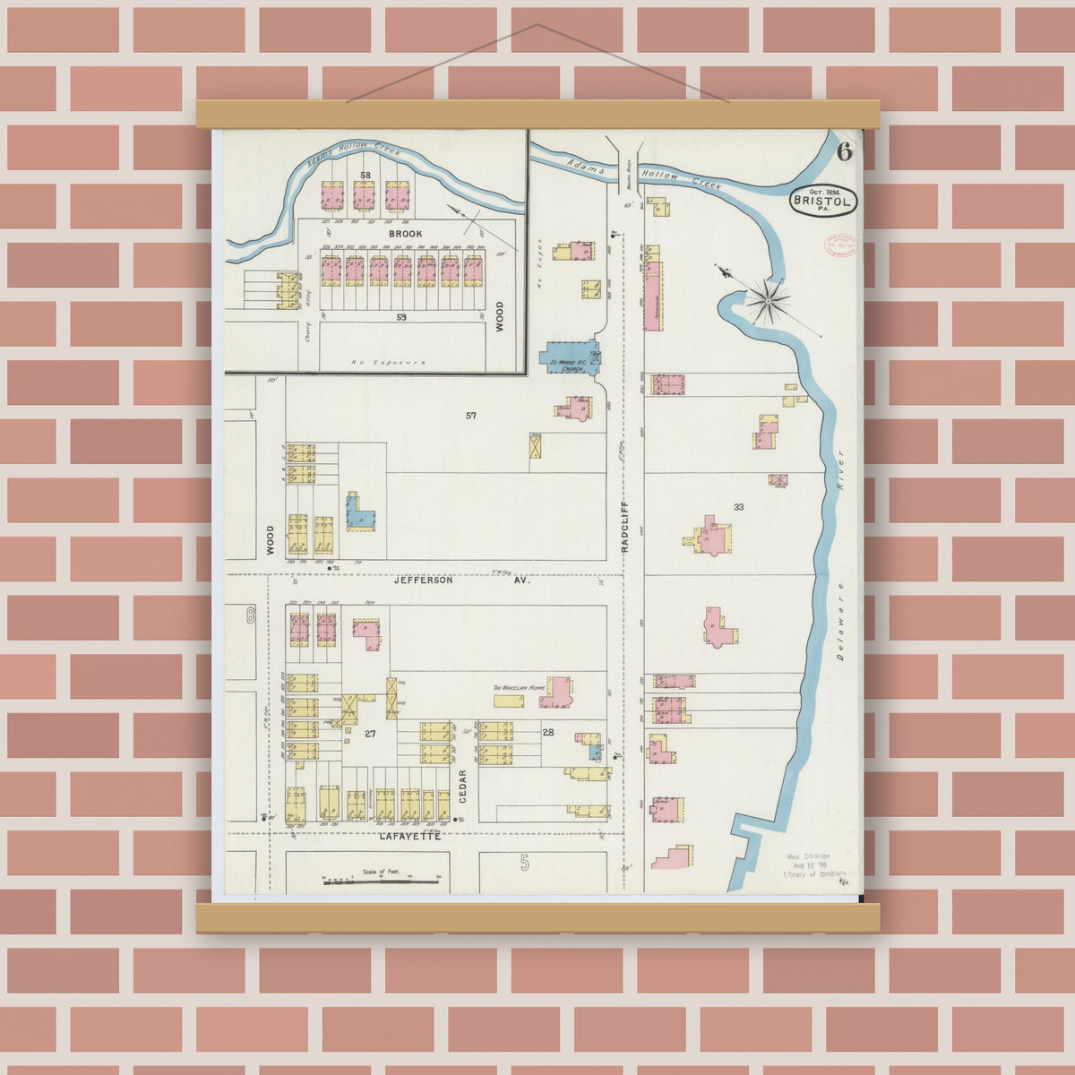 Old map wall art mockup — magnetic wood frame on brick wall — Sanborn Fire Insurance Map from Bristol, Bucks County, Pennsylvania (1894), Sheet #0006