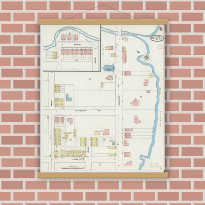 Old map wall art mockup — magnetic wood frame on brick wall — Sanborn Fire Insurance Map from Bristol, Bucks County, Pennsylvania (1894), Sheet #0006