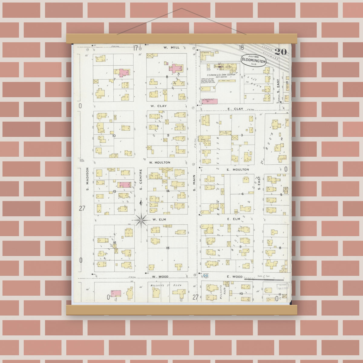 Old map wall art mockup — magnetic wood frame on brick wall — Sanborn Fire Insurance Map from Bloomington, McLean County, Illinois (1896), Sheet #0020