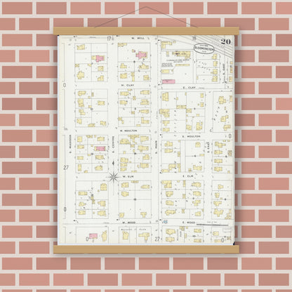 Old map wall art mockup — magnetic wood frame on brick wall — Sanborn Fire Insurance Map from Bloomington, McLean County, Illinois (1896), Sheet #0020