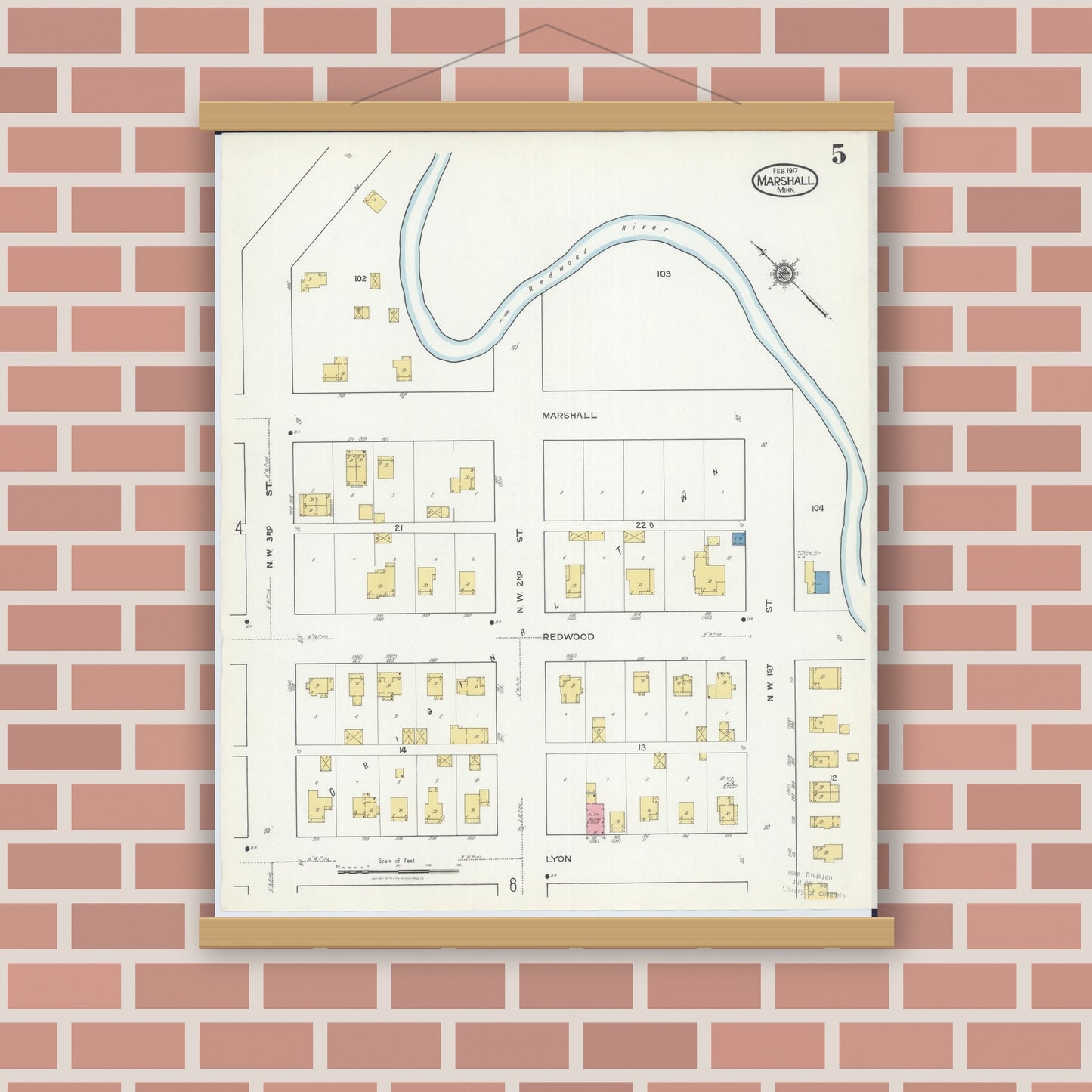 Old map wall art mockup — magnetic wood frame on brick wall — Sanborn Fire Insurance Map from Marshall, Lyon County, Minnesota (1917), Sheet #0005