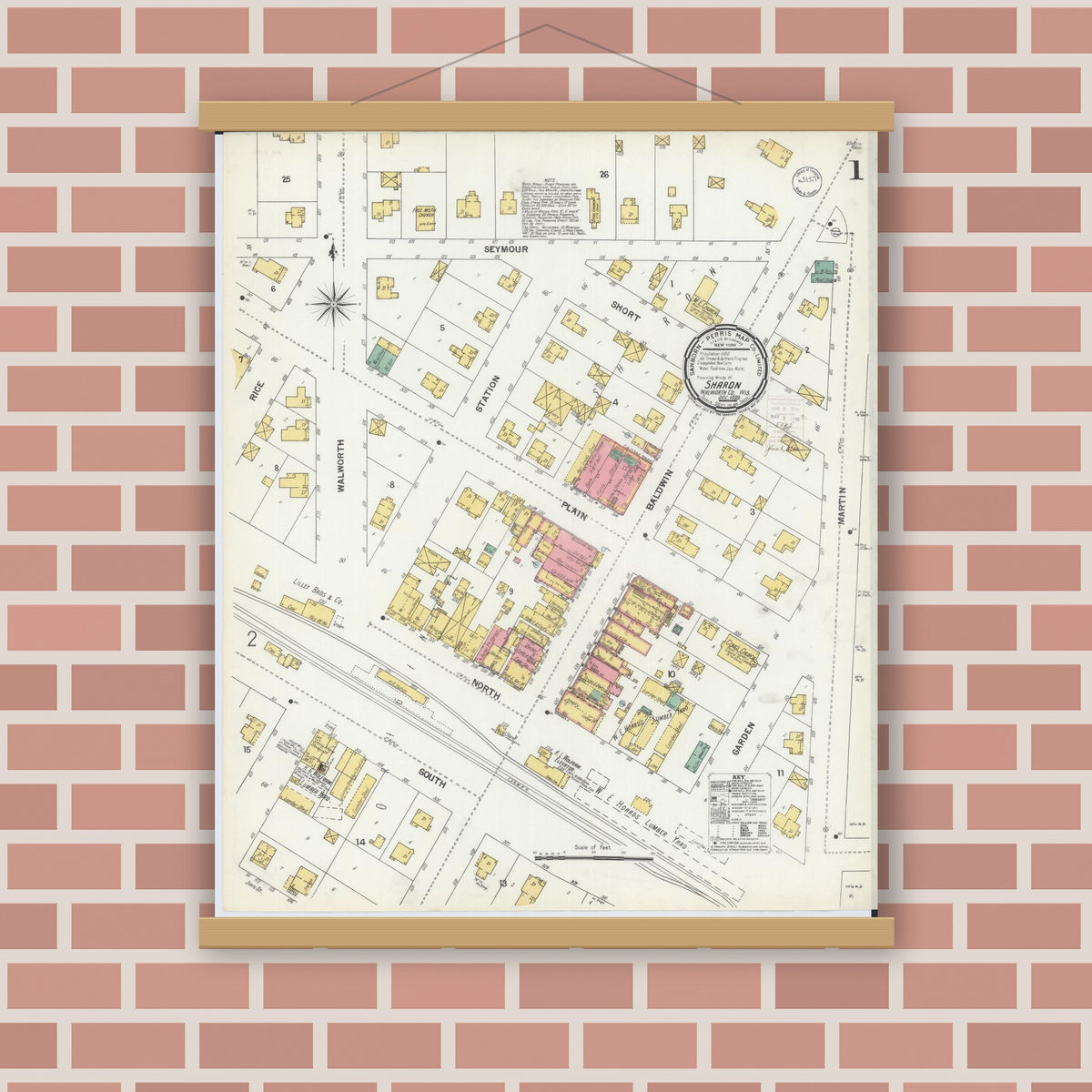 Old map wall art mockup — magnetic wood frame on brick wall — Sanborn Fire Insurance Map from Sharon, Walworth County, Wisconsin (1899) - Complete Map Set