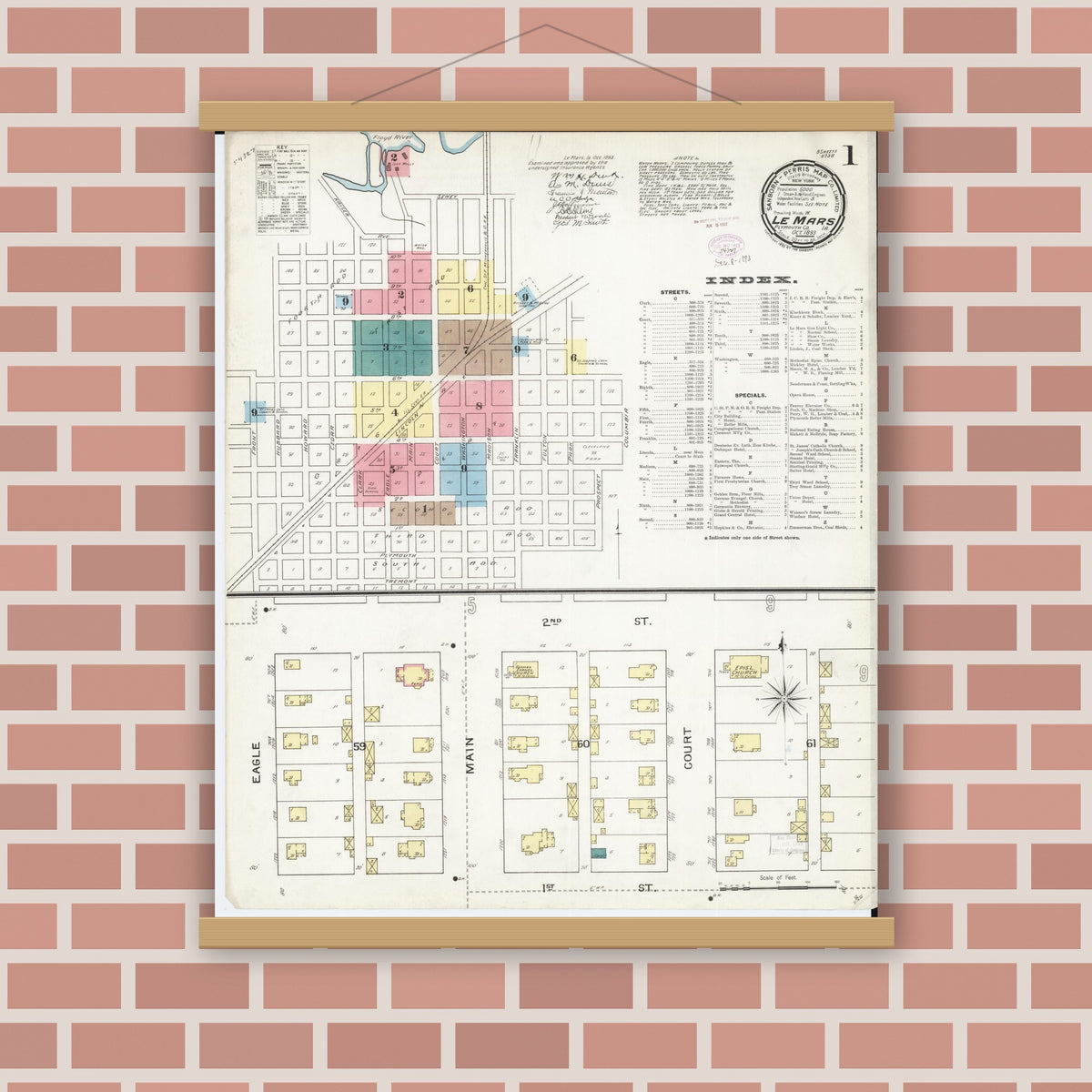 Old map wall art mockup — magnetic wood frame on brick wall — Sanborn Fire Insurance Map from Le Mars, Plymouth County, Iowa (1893) â€” Complete Set