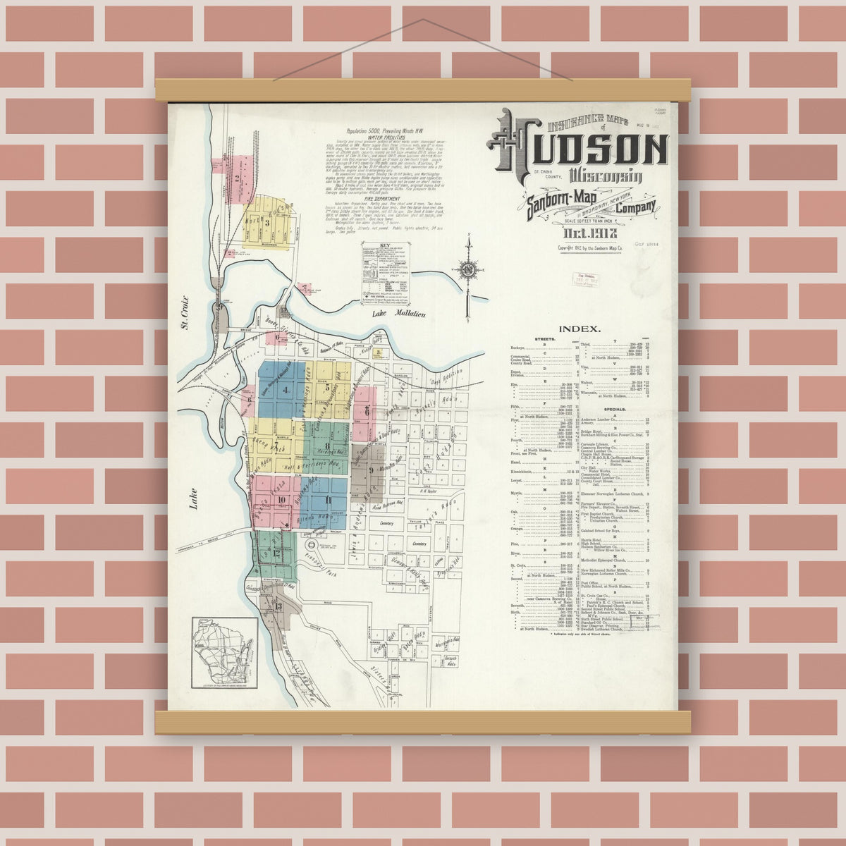 Old map wall art mockup — magnetic wood frame on brick wall — Sanborn Fire Insurance Map from Hudson, St. Croix County, Wisconsin (1912), Sheet #0001