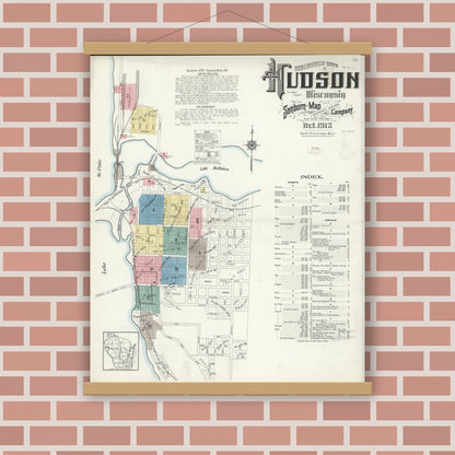 Old map wall art mockup — magnetic wood frame on brick wall — Sanborn Fire Insurance Map from Hudson, St. Croix County, Wisconsin (1912), Sheet #0001