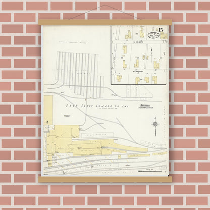 Old map wall art mockup — magnetic wood frame on brick wall — Sanborn Fire Insurance Map from Lake City, Columbia County, Florida (1912), Sheet #0015