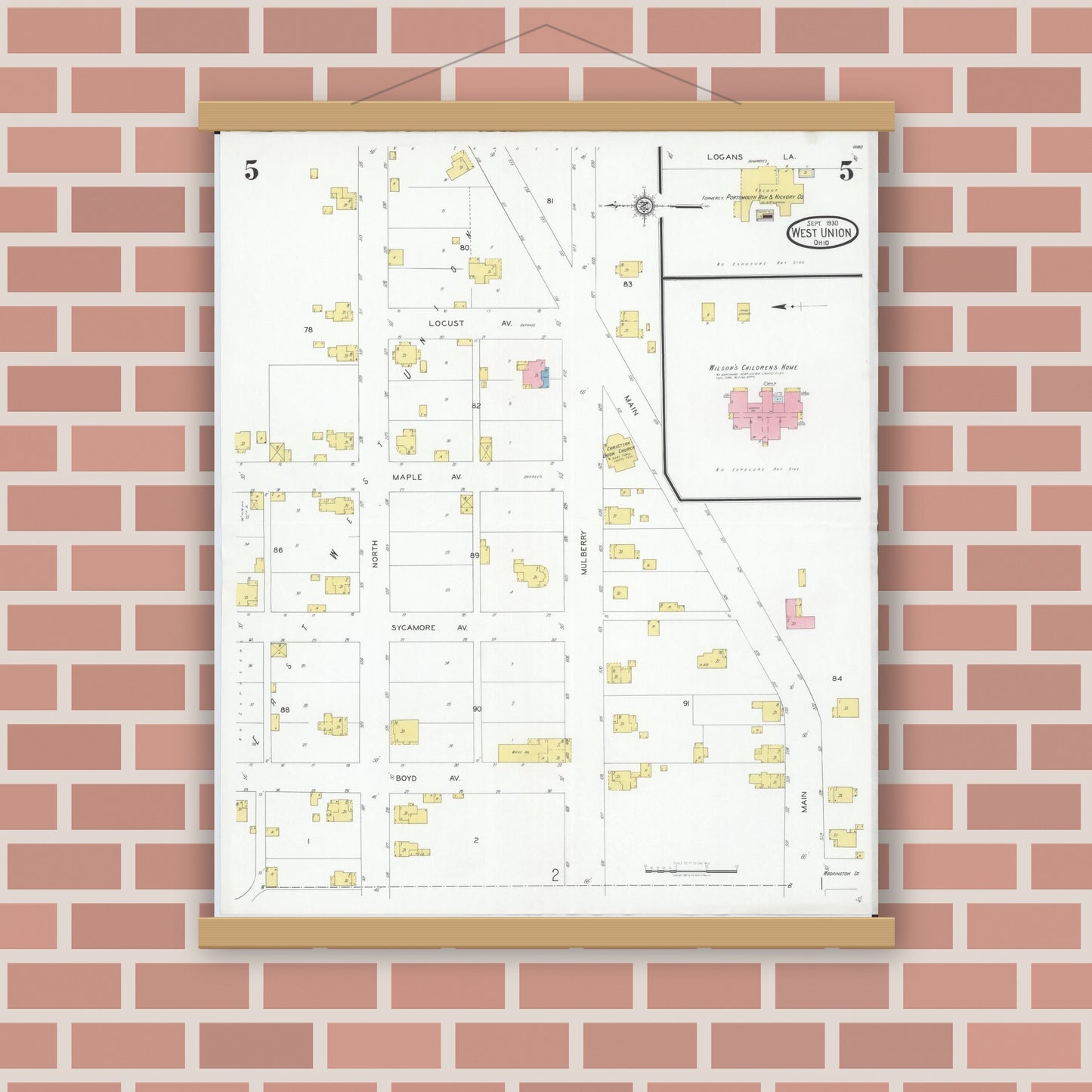 Old map wall art mockup — magnetic wood frame on brick wall — Sanborn Fire Insurance Map from West Union, Adams County, Ohio (1930), Sheet #0005