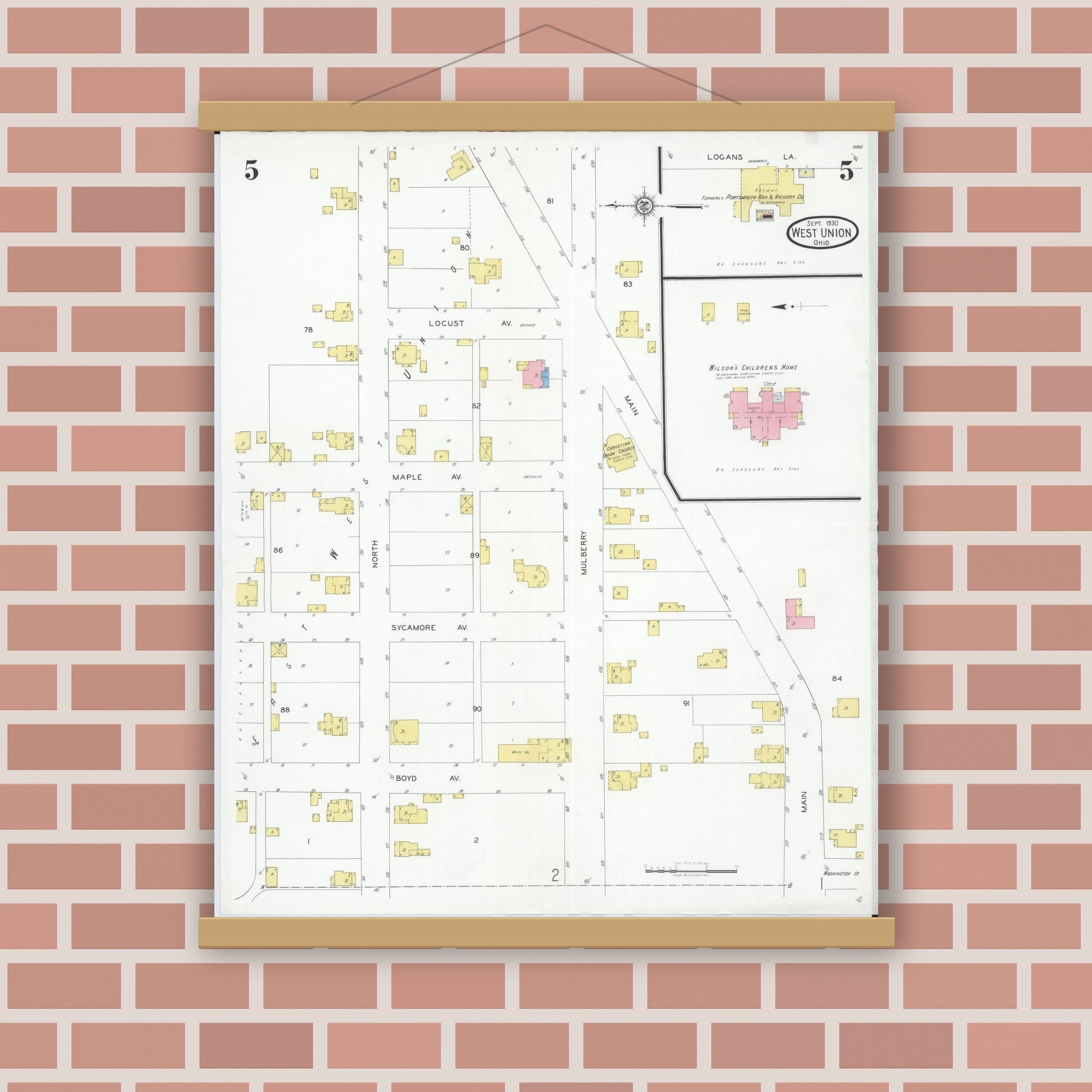 Old map wall art mockup — magnetic wood frame on brick wall — Sanborn Fire Insurance Map from West Union, Adams County, Ohio (1930), Sheet #0005