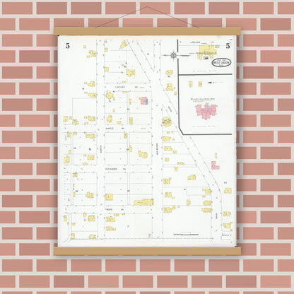 Old map wall art mockup — magnetic wood frame on brick wall — Sanborn Fire Insurance Map from West Union, Adams County, Ohio (1930), Sheet #0005